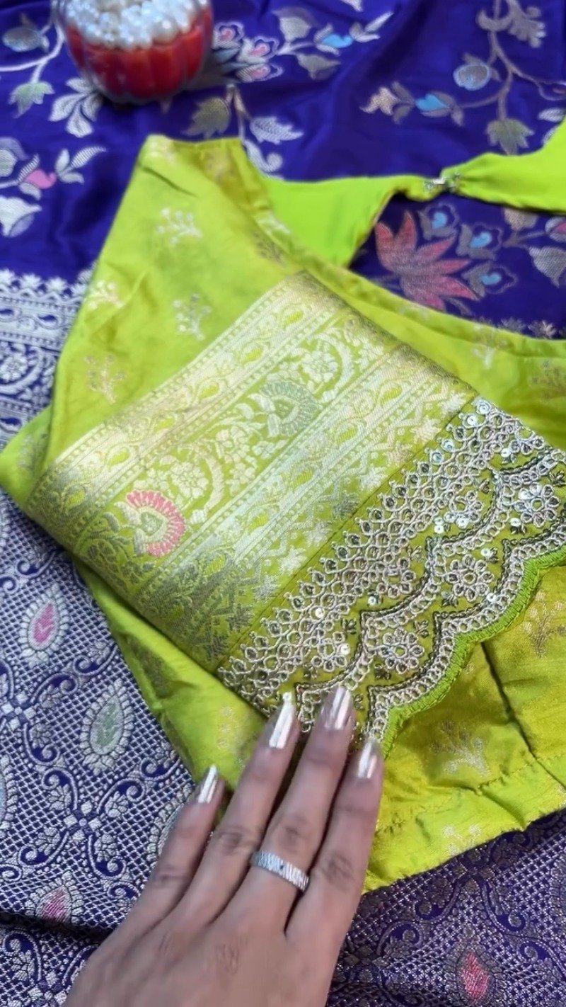 Royal Purple & Lime Green Zari Woven Silk Saree with Scalloped Sequin Border โ Available in Purple & Lime Green - Image 6