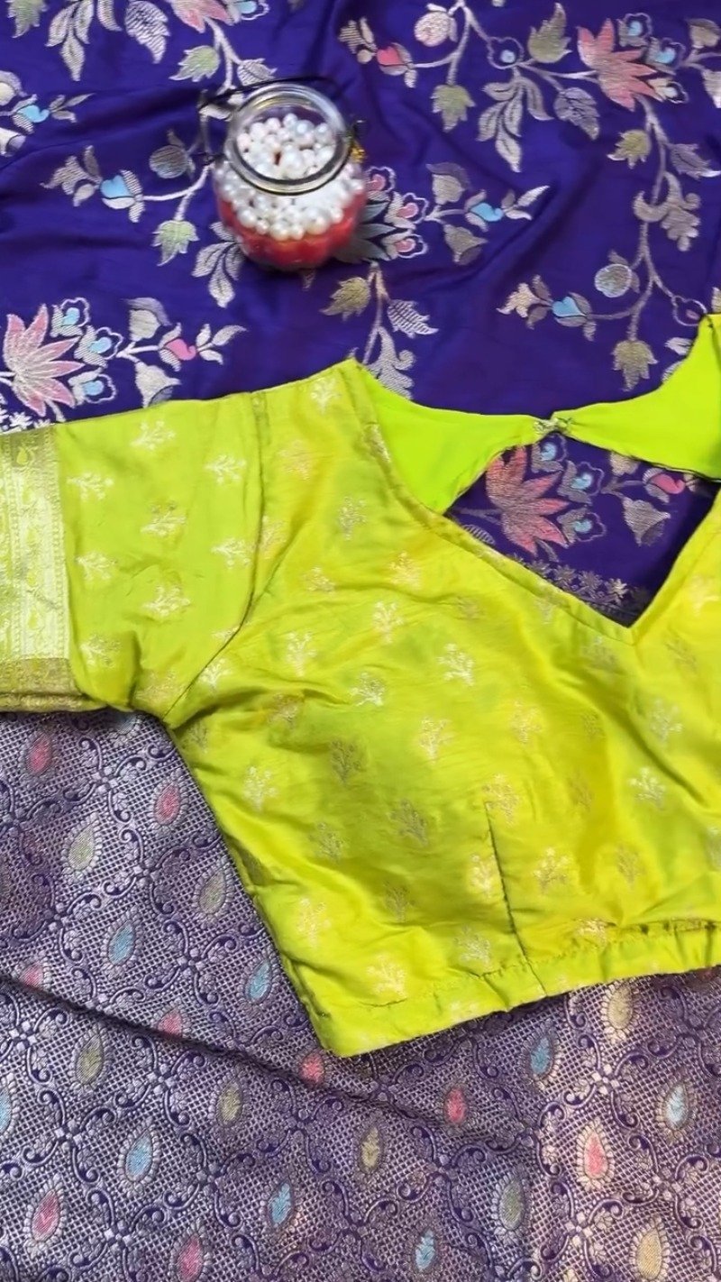 Royal Purple & Lime Green Zari Woven Silk Saree with Scalloped Sequin Border โ Available in Purple & Lime Green - Image 7
