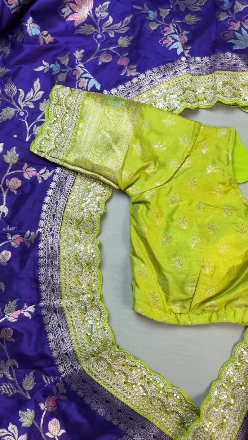 Royal Purple & Lime Green Zari Woven Silk Saree with Scalloped Sequin Border โ Available in Purple & Lime Green - Image 8