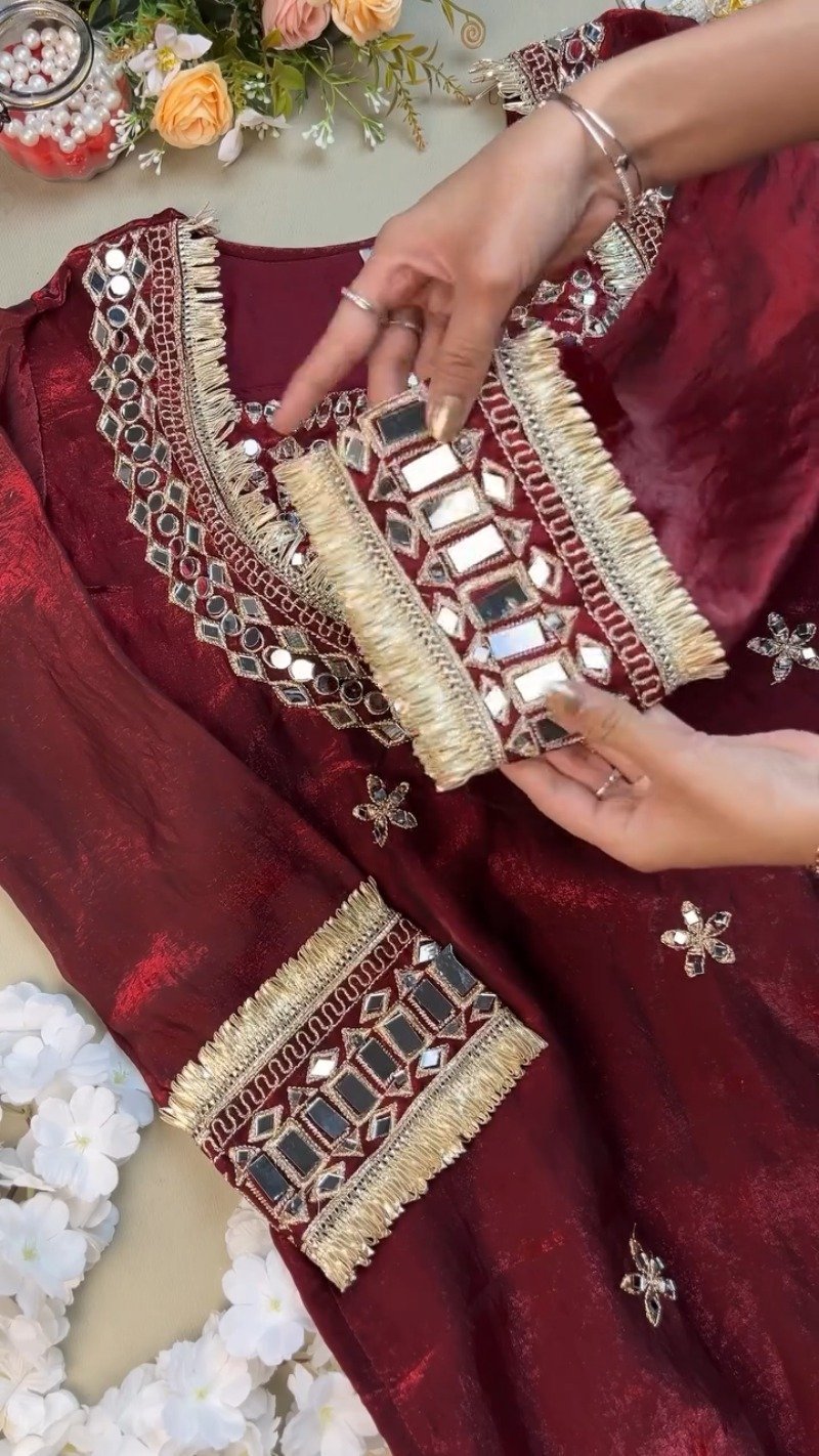 Royal Maroon Mirror-Work Festive Kurta Set - Image 4
