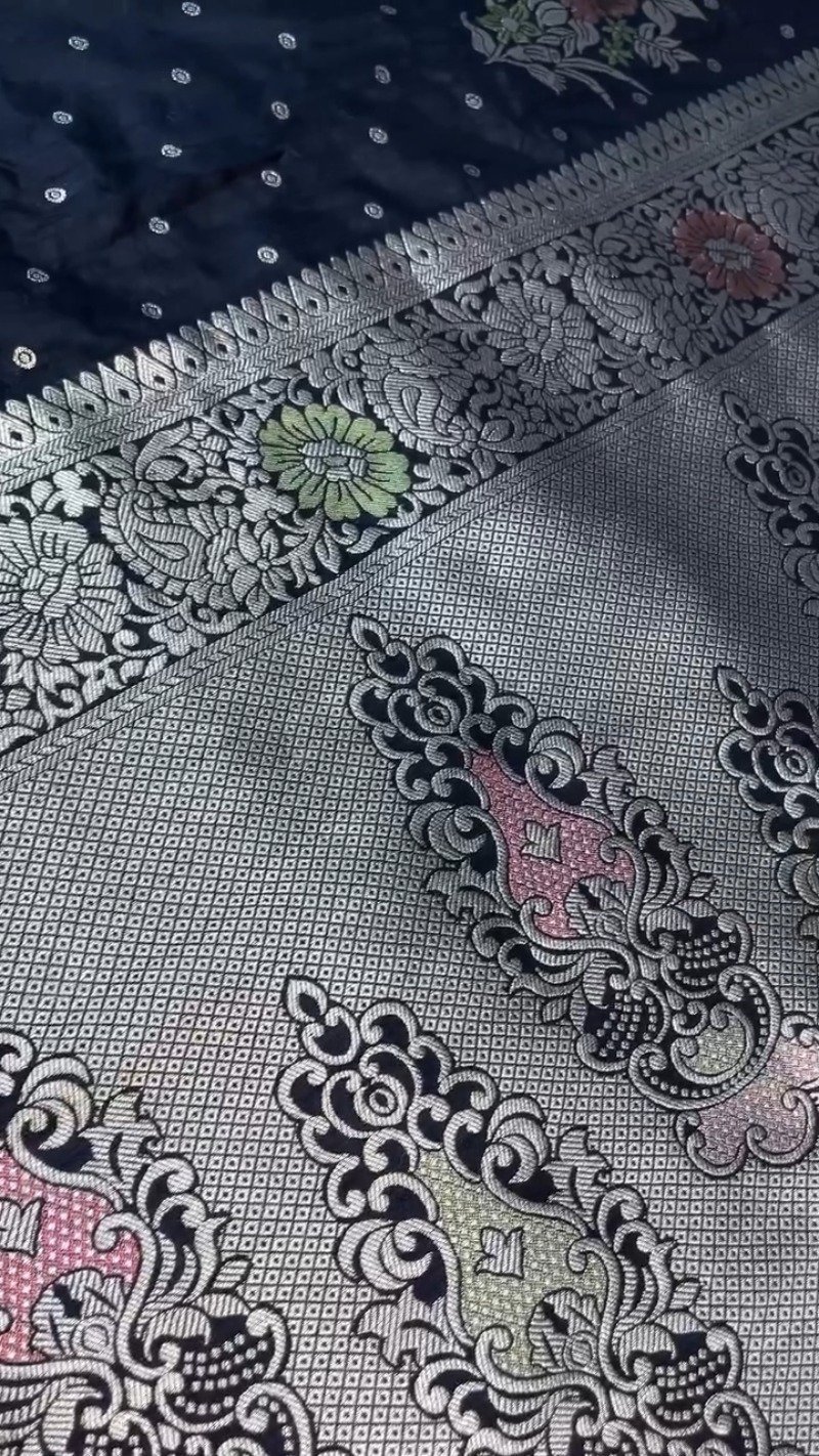 Midnight Bloom Banarasi Silk Saree with Contrast Embroidered Blouse β Available in Midnight Black & Lime Green - Image 7