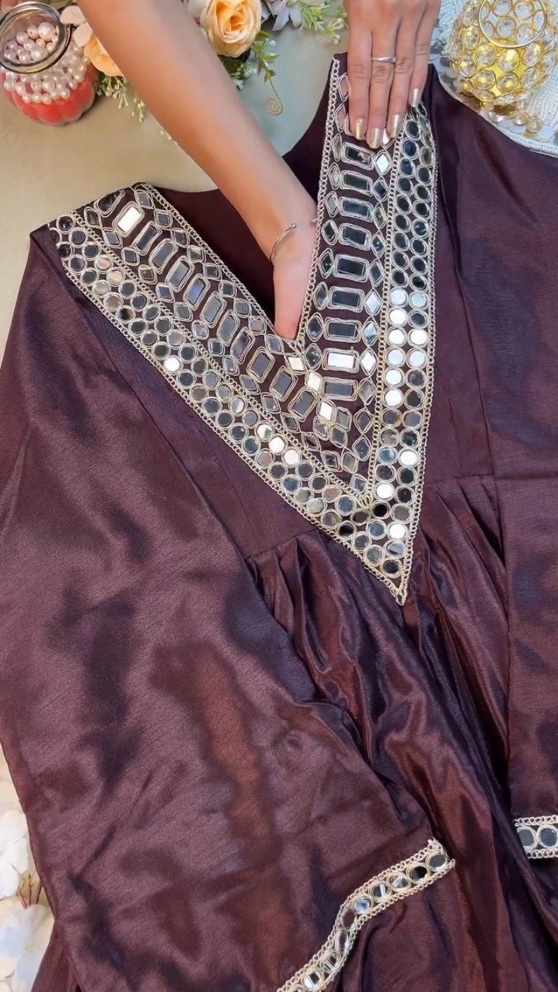 Deep Plum Mirror-Embellished Silk Kurta Set