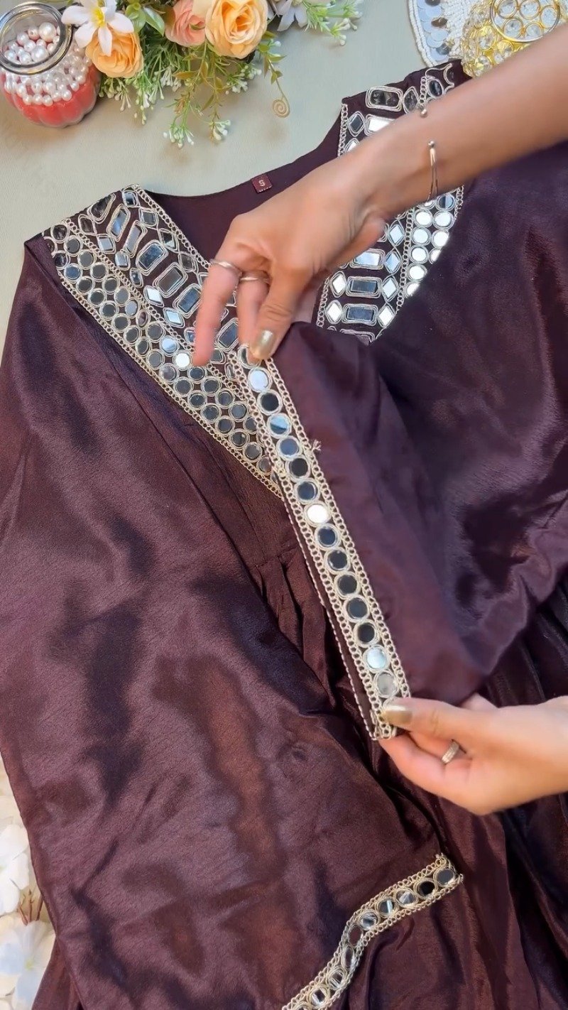 Deep Plum Mirror-Embellished Silk Kurta Set - Image 2