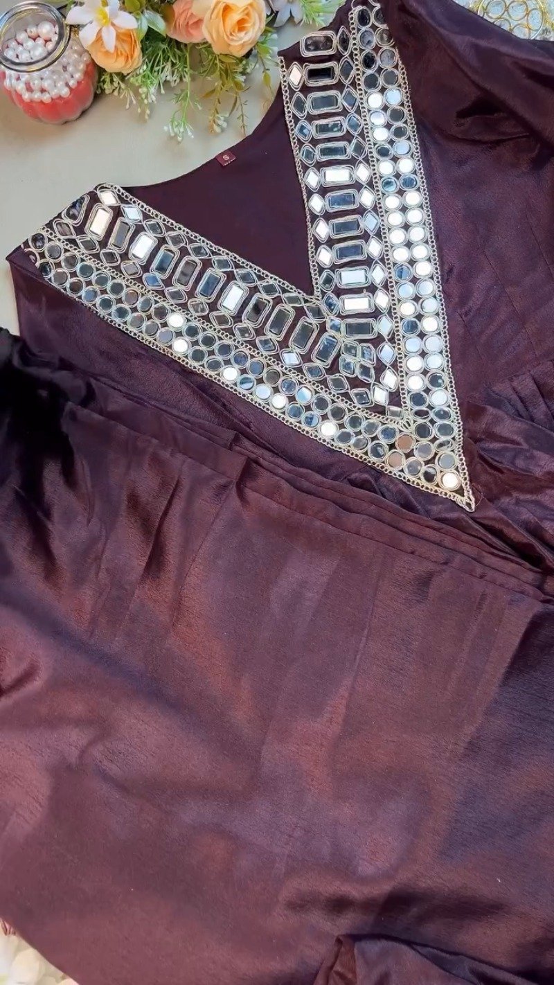 Deep Plum Mirror-Embellished Silk Kurta Set - Image 4