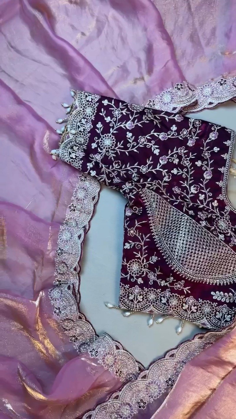 Elegant Deep Plum Velvet & Shimmer Organza Saree Set β A Statement of Regal Sophistication