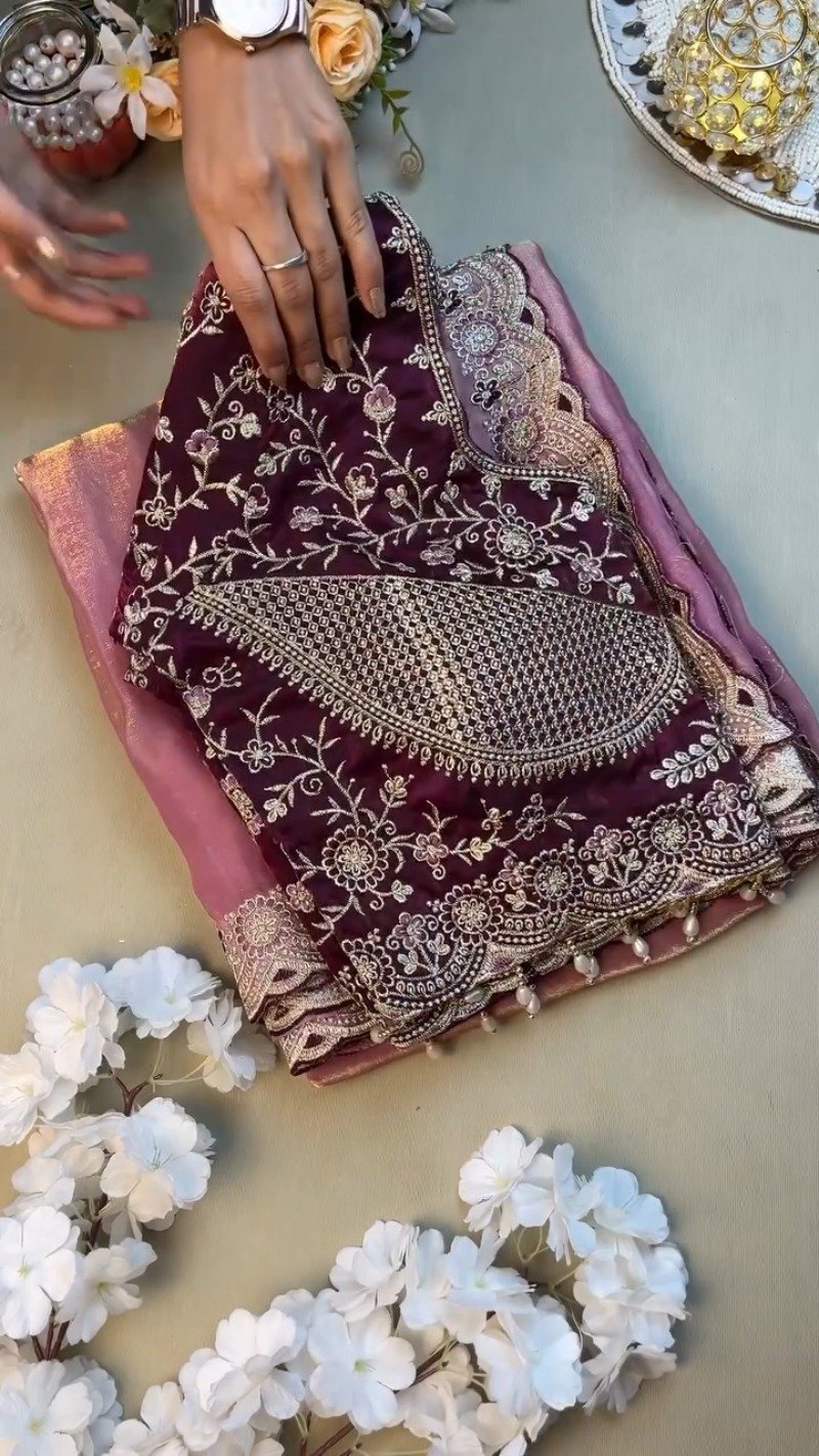 Elegant Deep Plum Velvet & Shimmer Organza Saree Set β A Statement of Regal Sophistication - Image 2
