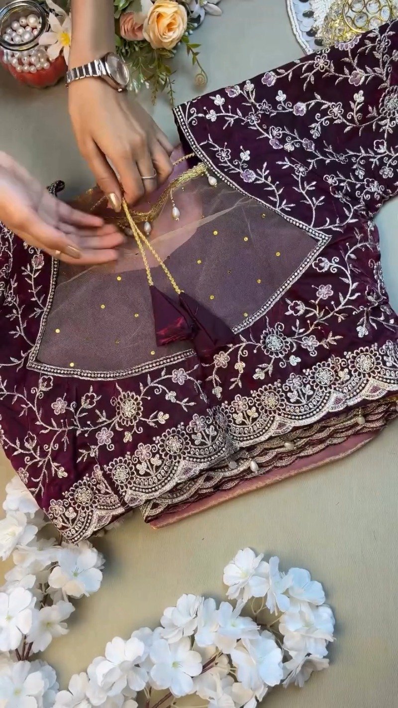 Elegant Deep Plum Velvet & Shimmer Organza Saree Set β A Statement of Regal Sophistication - Image 4