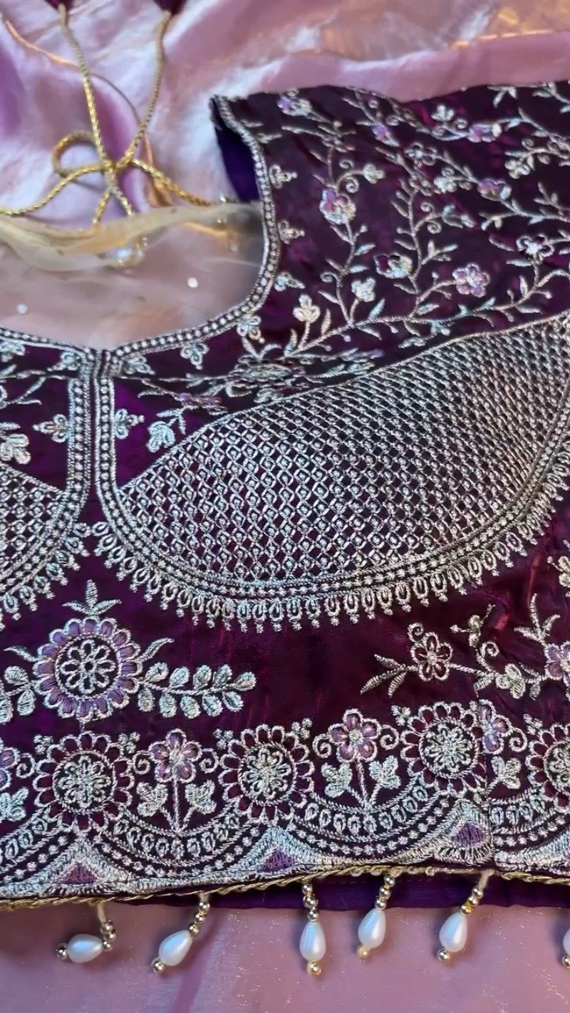 Elegant Deep Plum Velvet & Shimmer Organza Saree Set β A Statement of Regal Sophistication - Image 8