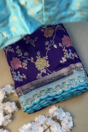Royal Purple & Sky Blue Scalloped Border Banarasi Silk Saree Set – Available in Royal Purple & Sky Blue