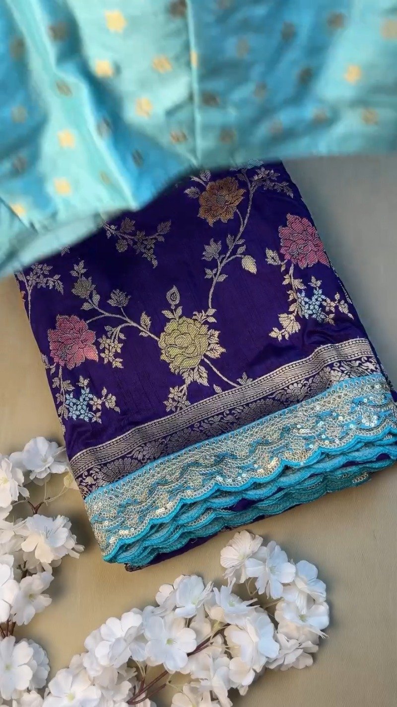Royal Purple & Sky Blue Scalloped Border Banarasi Silk Saree Set β Available in Royal Purple & Sky Blue