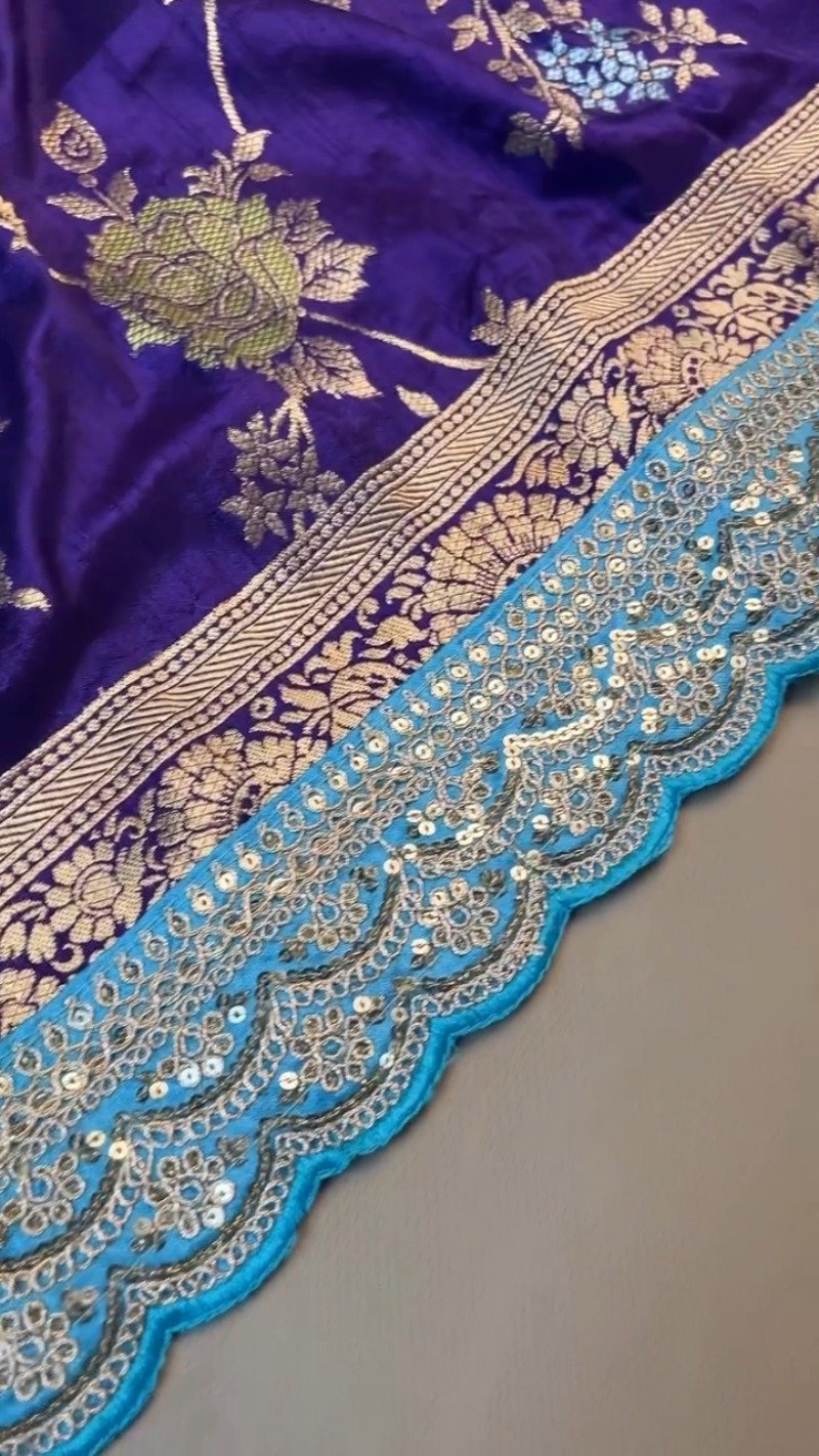 Royal Purple & Sky Blue Scalloped Border Banarasi Silk Saree Set β Available in Royal Purple & Sky Blue - Image 4