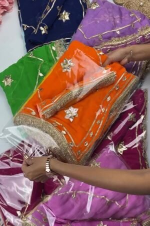 Star-Studded Gota Patti Border Saree – Available in Green, Fuchsia, Navy Blue & Orange