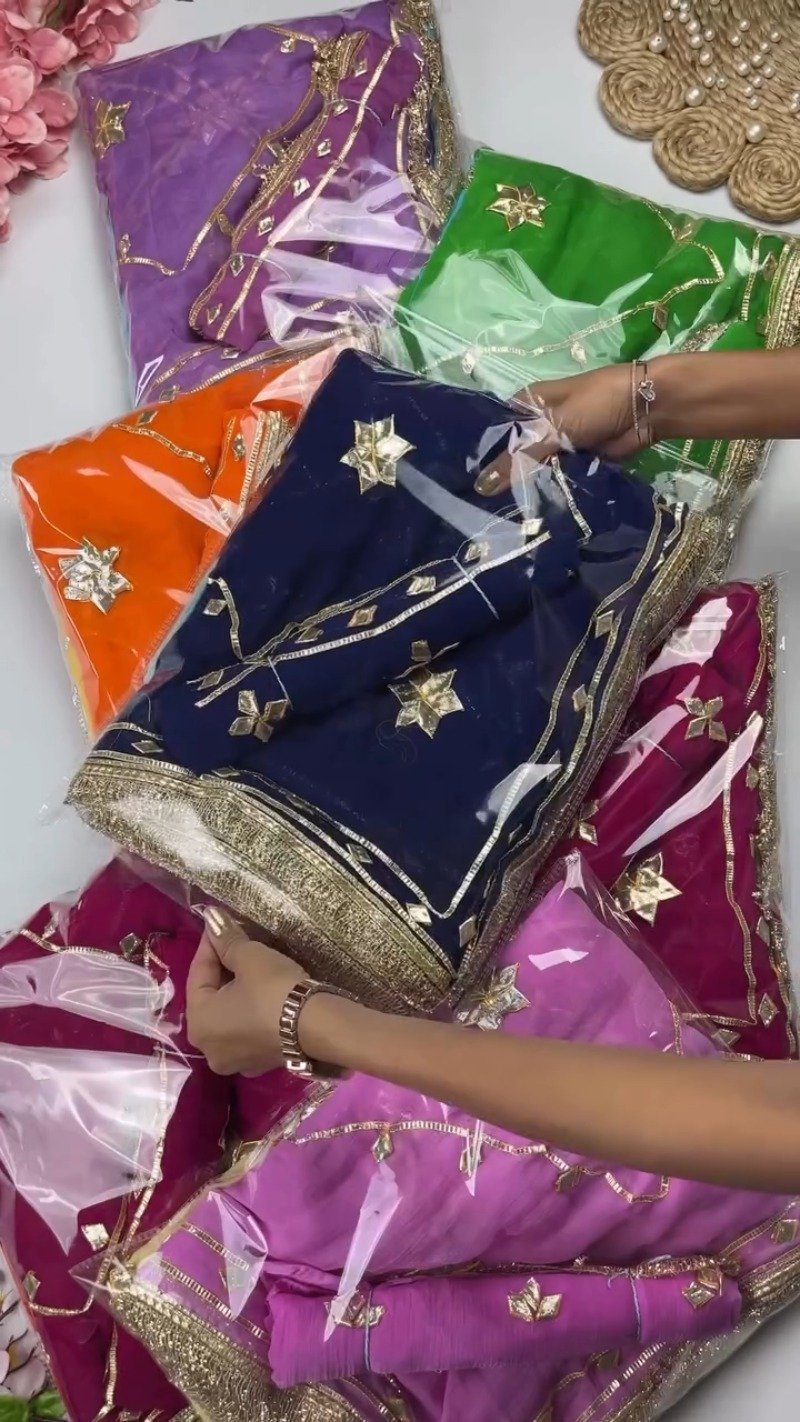 Star-Studded Gota Patti Border Saree β Available in Green, Fuchsia, Navy Blue & Orange - Image 2