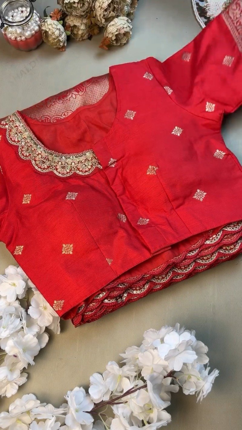 Radiant Crimson Banarasi Silk Saree with Scalloped Sequin Border β Exclusive Ethnic Ensemble - Image 2