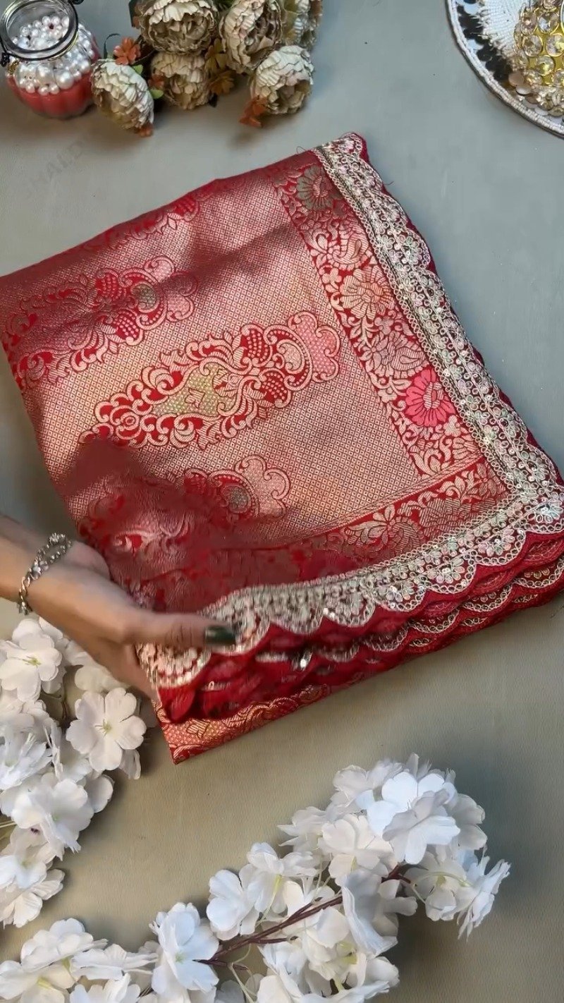 Radiant Crimson Banarasi Silk Saree with Scalloped Sequin Border β Exclusive Ethnic Ensemble - Image 3