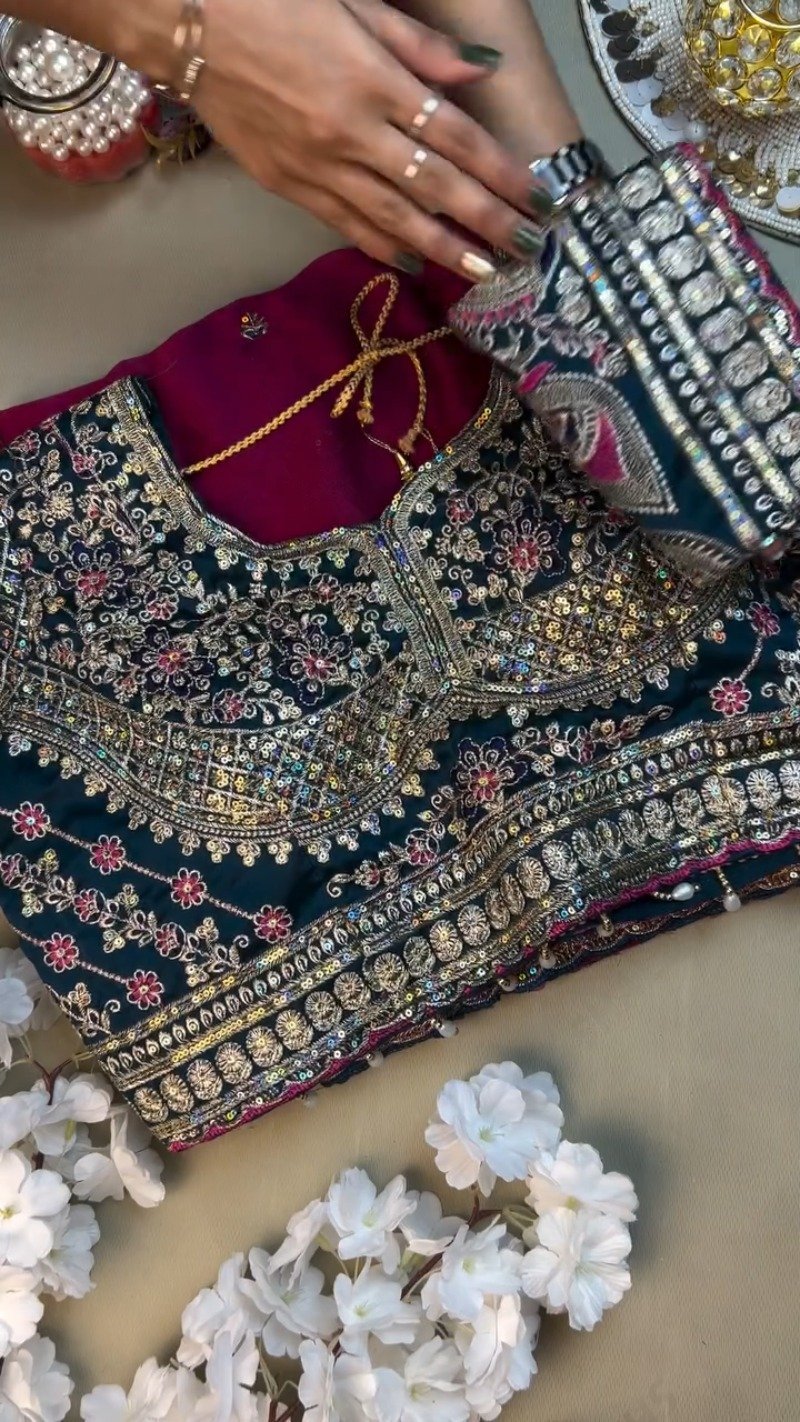 Opulent Velvet & Silk Blend Designer Lehenga Set β Available in Midnight Blue & Royal Wine - Image 3
