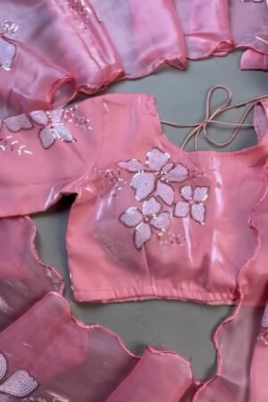 Blush Pink Floral Sequin Embroidered Saree Set – Elegance in Every Drape