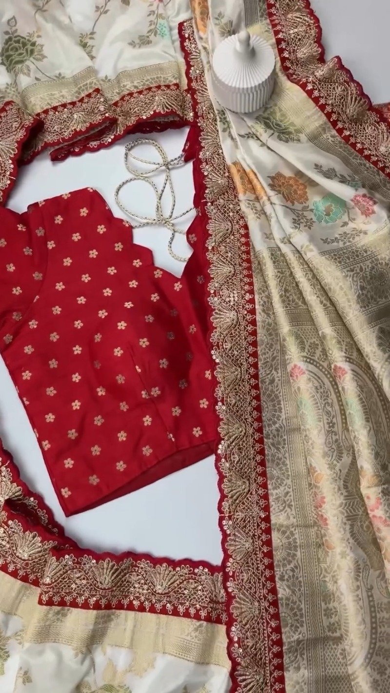 Exquisite Banarasi Scalloped Edge Saree & Blouse Set β Available in Cream, Black, Blue & Red - Image 6