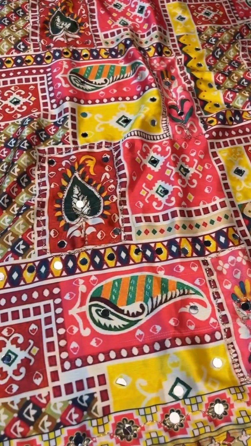 Vibrant Rajasthani Bandhani Inspired Mirror-Work Blouse and Lehenga Set - Image 5