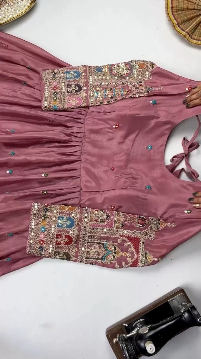 Elegant Mirror-Work Anarkali Kurta Set β Available in Sage Green & Mauve Pink
