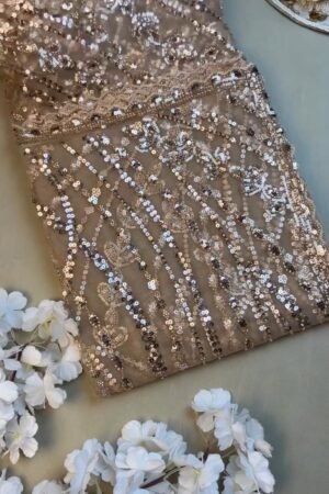 Opulent Champagne Shimmer Sequin-Embellished Net Saree – A Masterpiece of Glitz