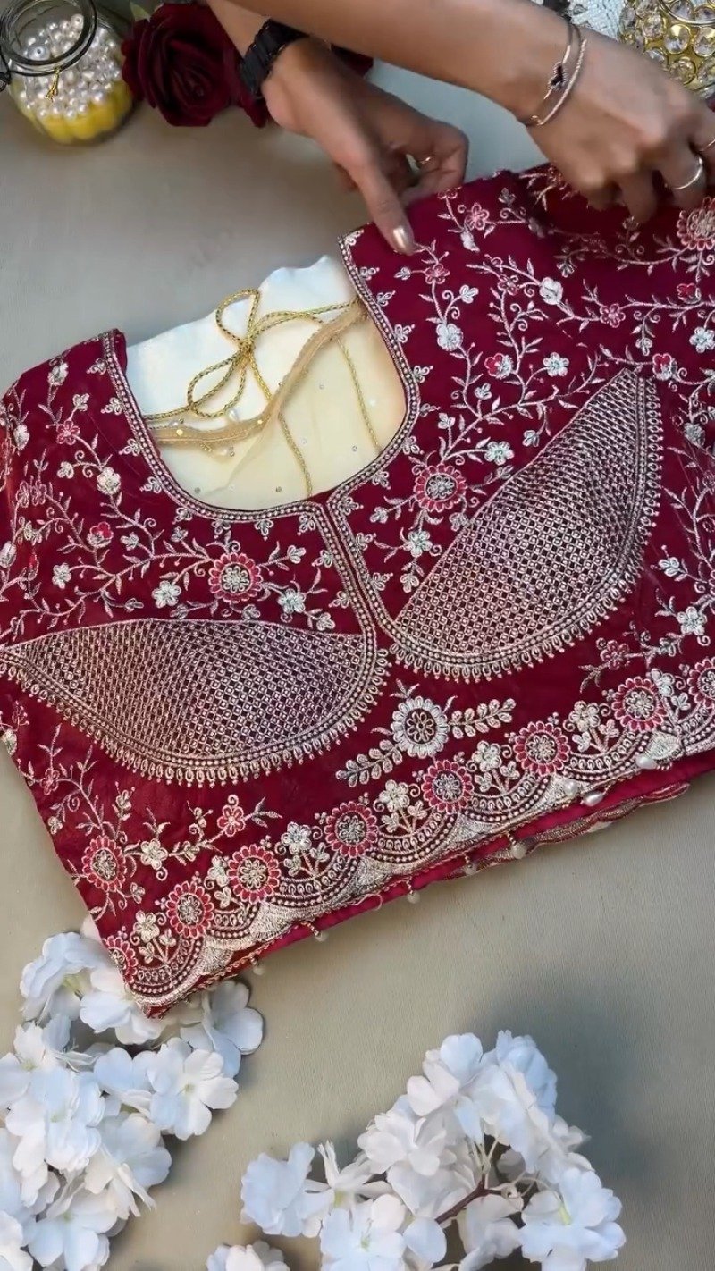 Royal Velvet & Organza Co-ordinated Set with Intricate Zari Embroidery โ Available in Crimson Red & Pristine White - Image 2