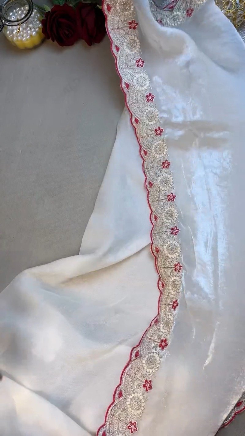 Royal Velvet & Organza Co-ordinated Set with Intricate Zari Embroidery โ Available in Crimson Red & Pristine White - Image 5
