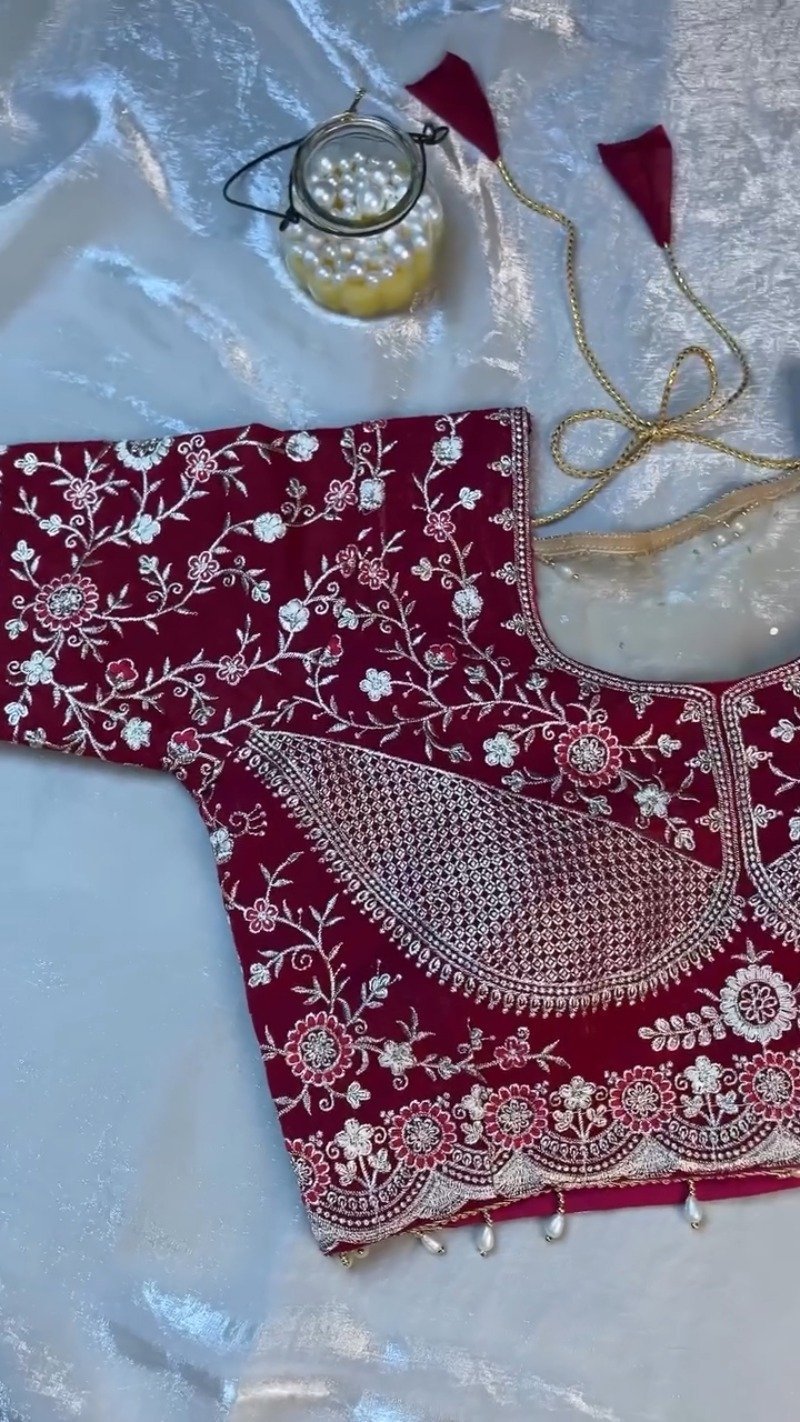 Royal Velvet & Organza Co-ordinated Set with Intricate Zari Embroidery โ Available in Crimson Red & Pristine White - Image 8