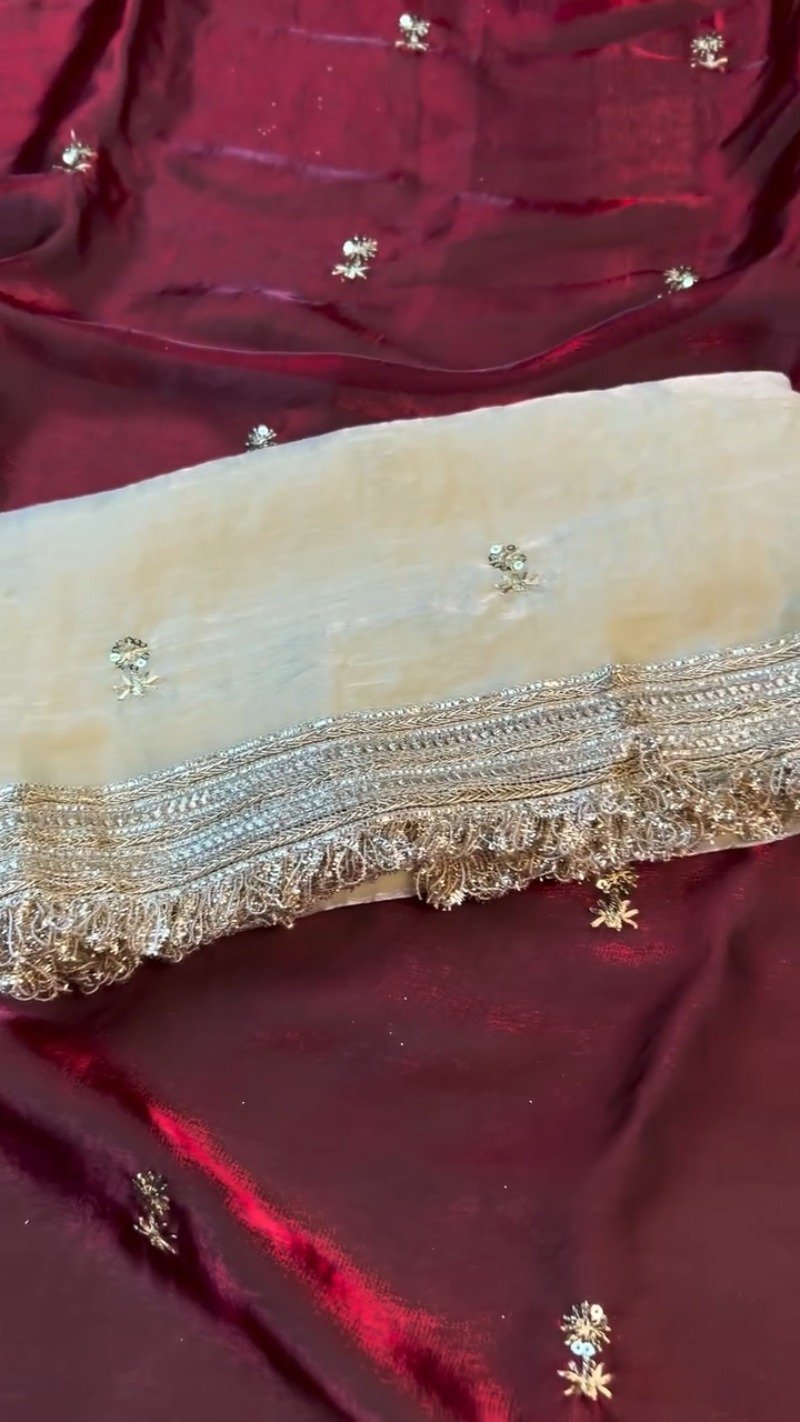 Opulent Velvet & Silk Dupatta Set – Available in Deep Burgundy & Elegant Beige - Image 4