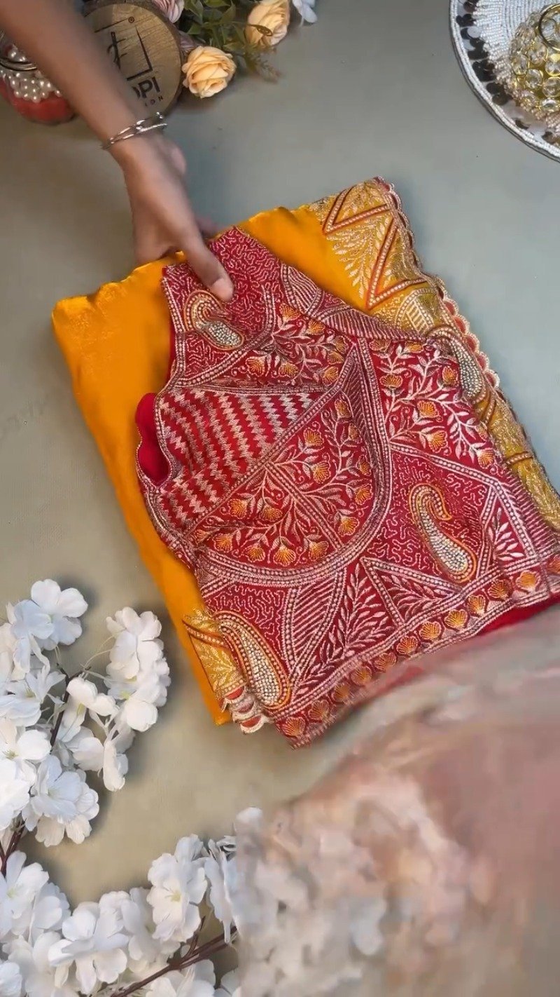 Radiant Hand-Embroidered Zardosi Saree and Blouse Set โ Available in Vibrant Yellow & Classic Red - Image 2