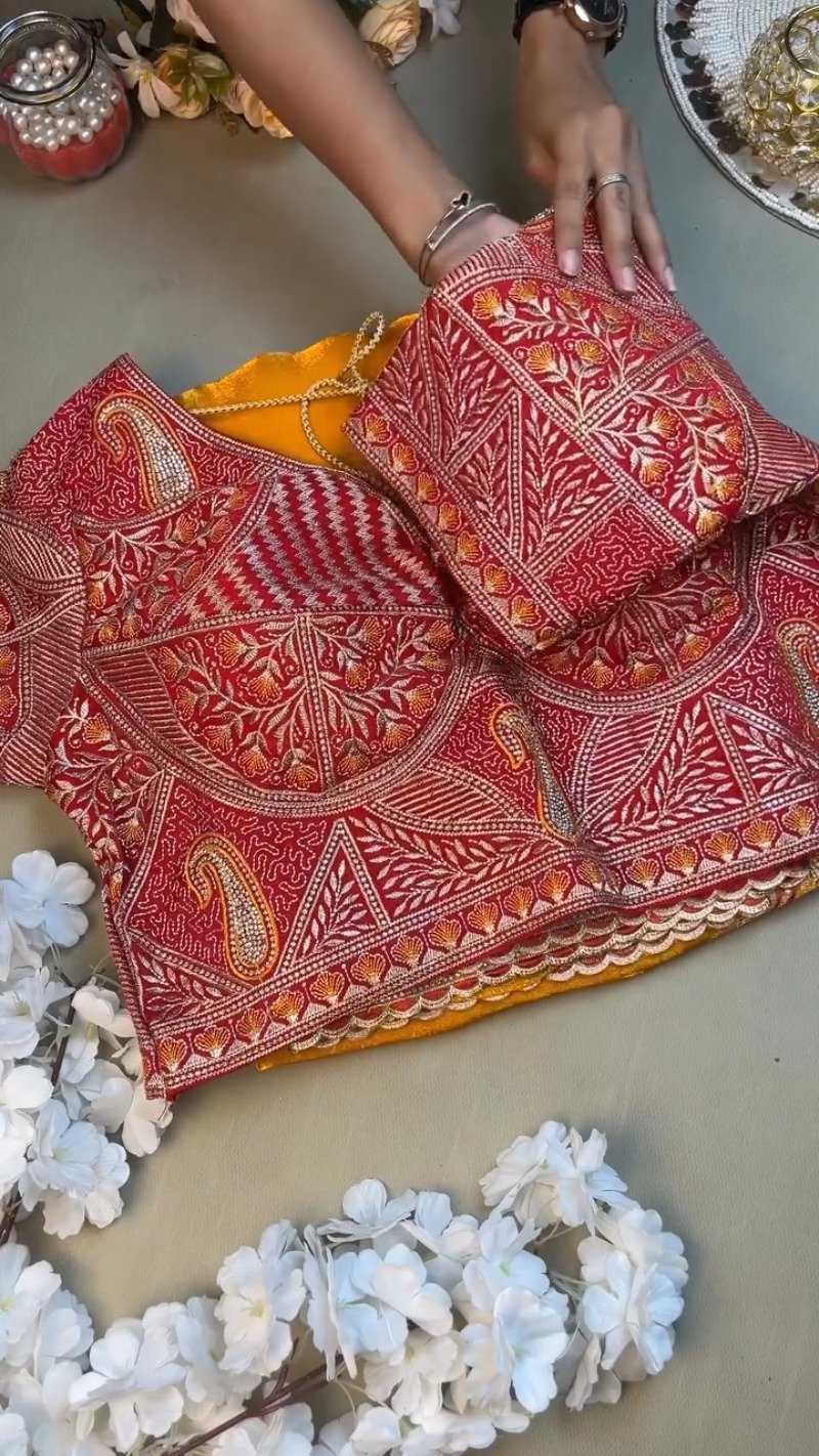Radiant Hand-Embroidered Zardosi Saree and Blouse Set โ Available in Vibrant Yellow & Classic Red - Image 3