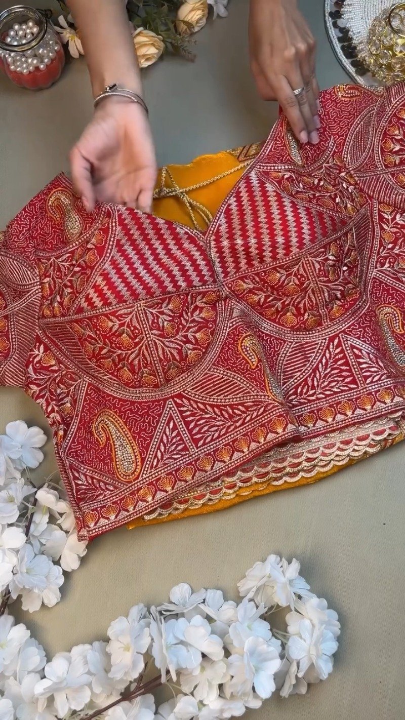 Radiant Hand-Embroidered Zardosi Saree and Blouse Set โ Available in Vibrant Yellow & Classic Red - Image 4