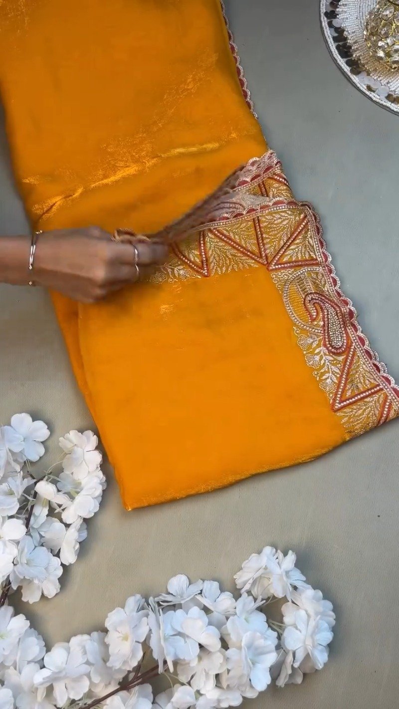 Radiant Hand-Embroidered Zardosi Saree and Blouse Set โ Available in Vibrant Yellow & Classic Red - Image 5