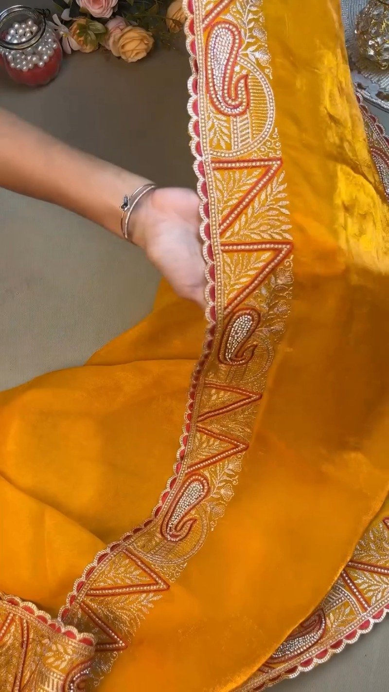 Radiant Hand-Embroidered Zardosi Saree and Blouse Set โ Available in Vibrant Yellow & Classic Red - Image 6