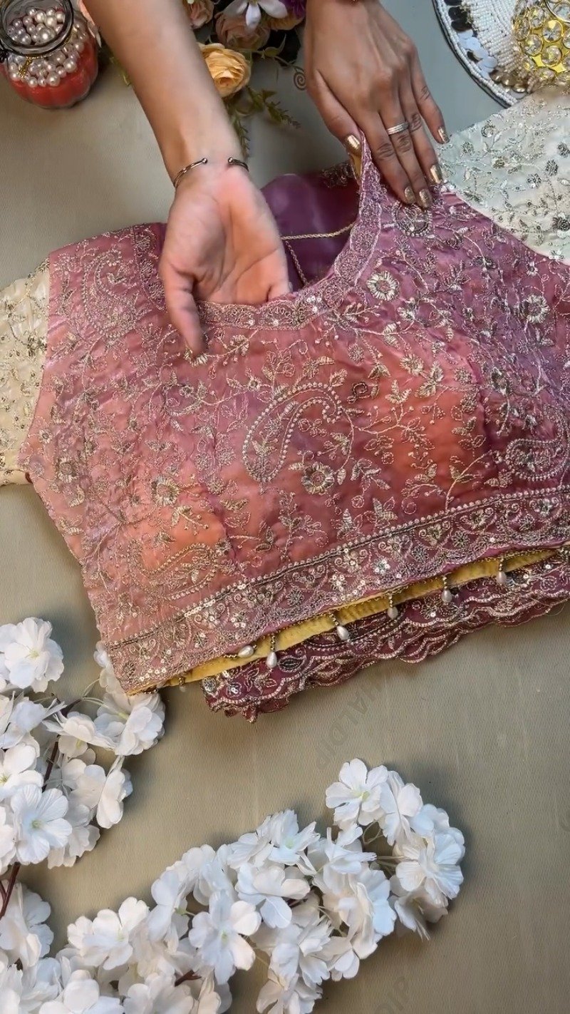 Opulent Paisley Embellished Organza Saree Set β Available in Rose Quartz & Cream - Image 2