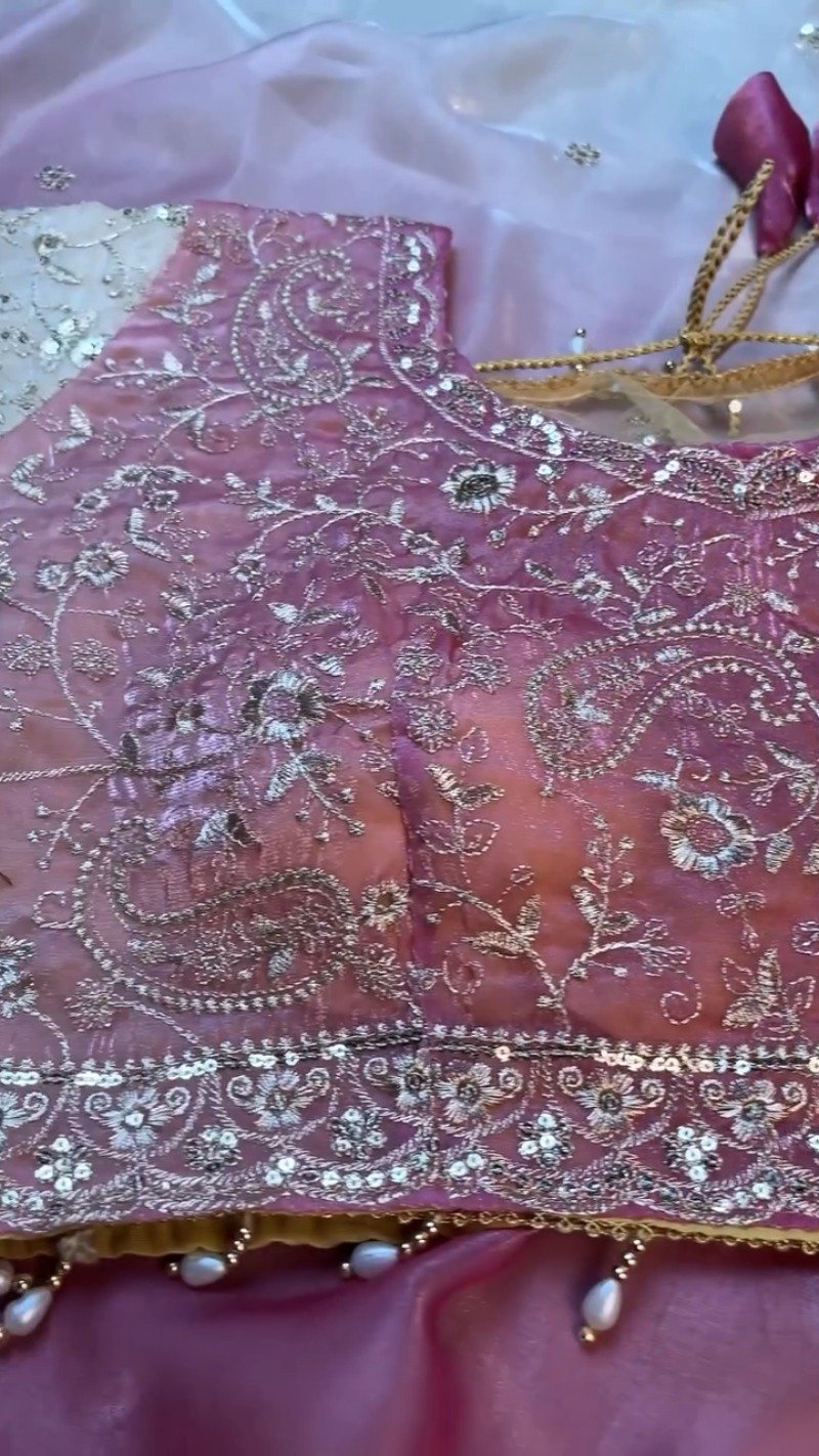 Opulent Paisley Embellished Organza Saree Set β Available in Rose Quartz & Cream - Image 4