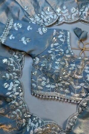 Enchanting Dusty Blue Shimmer Organza Saree Set with Silver Zari Embroidery