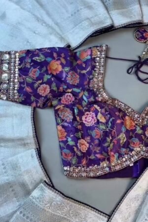 Royal Purple Floral Embroidered Silk Blouse & Off-White Kanjeevaram Saree Set
