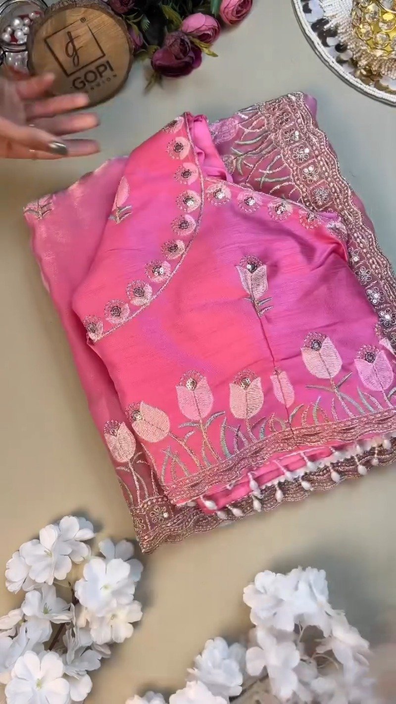 Floral Tulip Embroidered Designer Saree with Embellished Blouse β Available in Radiant Pink & Serene Sky Blue - Image 2