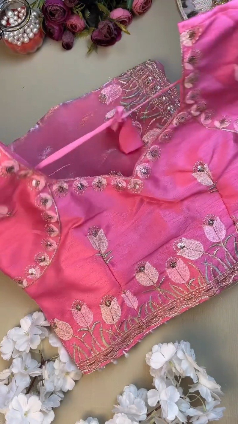 Floral Tulip Embroidered Designer Saree with Embellished Blouse β Available in Radiant Pink & Serene Sky Blue - Image 3