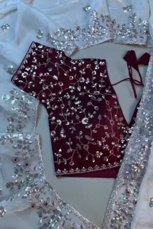 Opulent Velvet & Organza Co-Ord Set with Sequin Embellishments – Available in Ivory & Deep Maroon