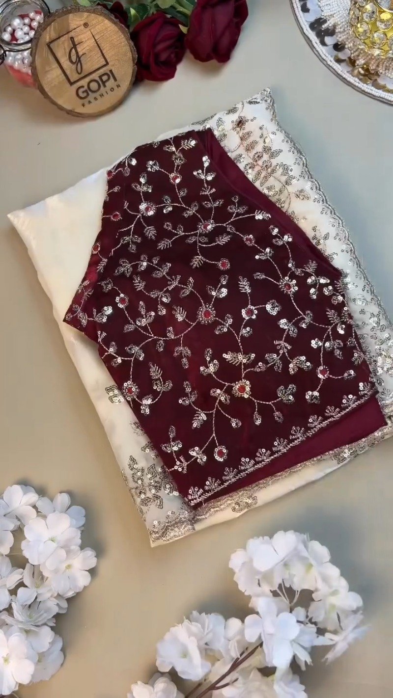 Opulent Velvet & Organza Co-Ord Set with Sequin Embellishments β Available in Ivory & Deep Maroon - Image 2