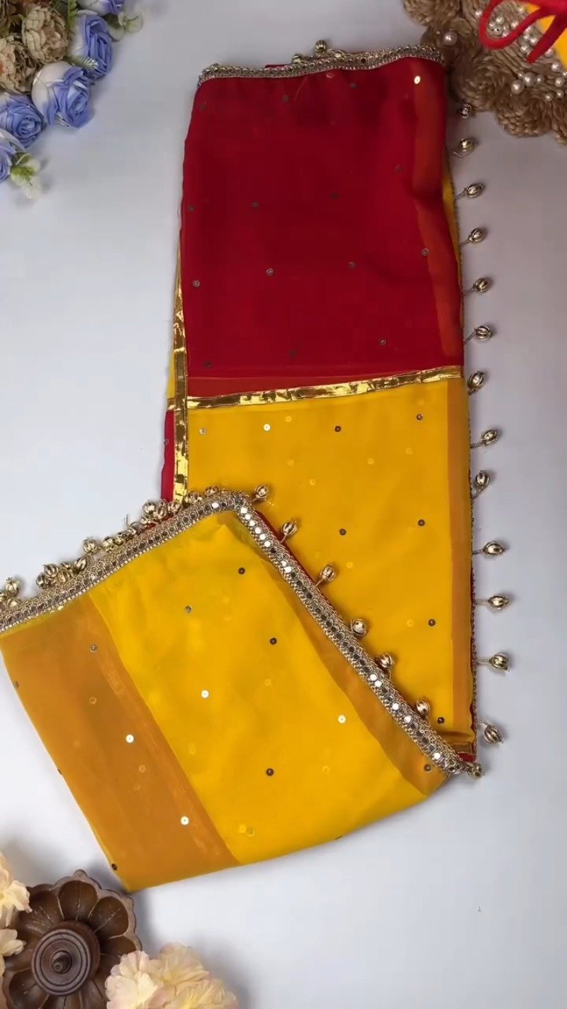 Dual-Tone Mirrorwork Designer Saree & Blouse Set โ Available in Red & Yellow & Fuchsia & Yellow - Image 2