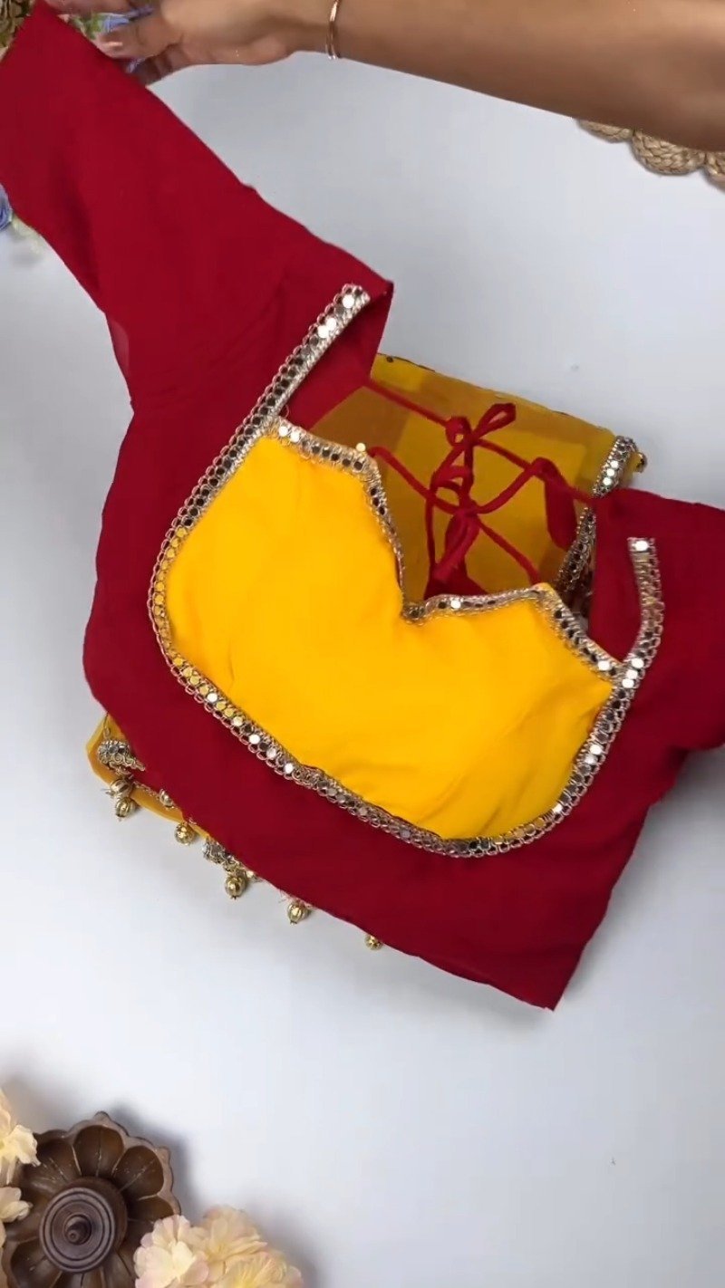 Dual-Tone Mirrorwork Designer Saree & Blouse Set โ Available in Red & Yellow & Fuchsia & Yellow - Image 3