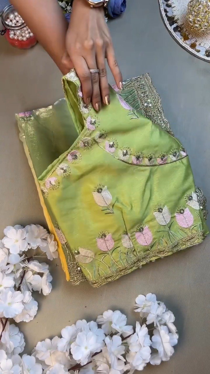 Verdant Blossom Organza Saree & Embroidered Blouse Set β Available in Lime Green & Golden Yellow - Image 2