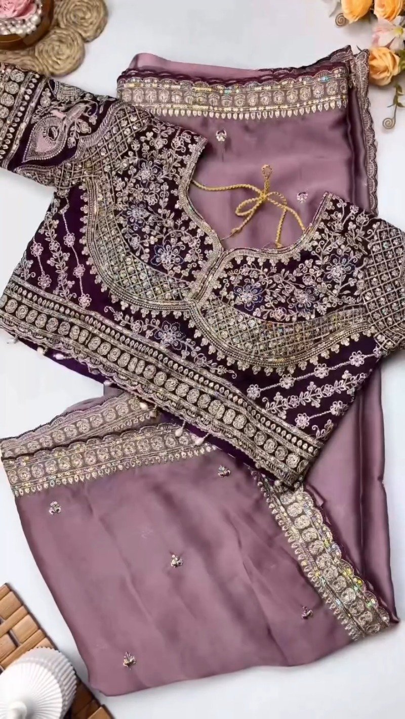 Opulent Velvet & Organza Embroidered Saree Set β Available in Majestic Plum & Royal Burgundy - Image 2