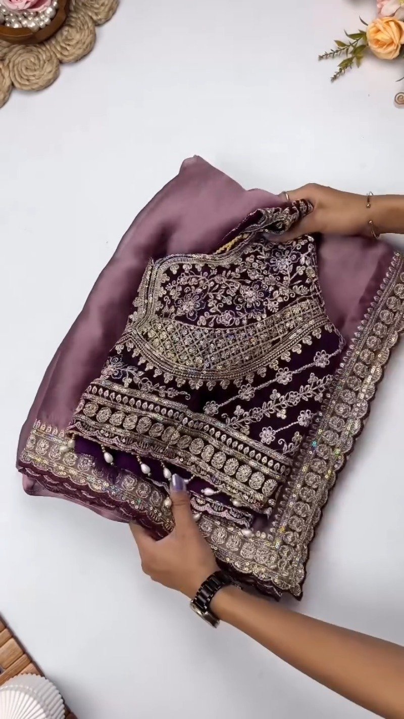 Opulent Velvet & Organza Embroidered Saree Set β Available in Majestic Plum & Royal Burgundy - Image 3