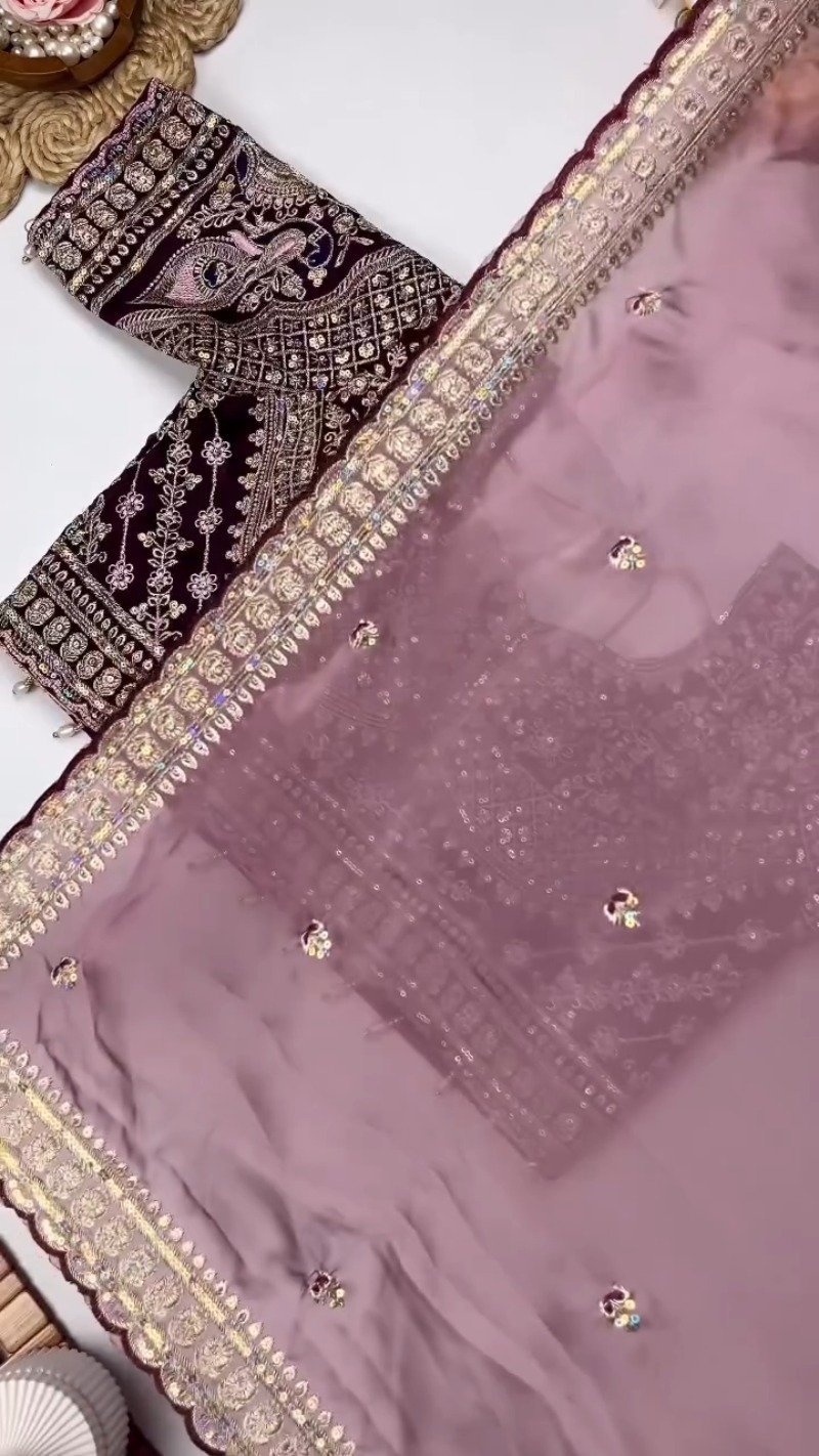 Opulent Velvet & Organza Embroidered Saree Set β Available in Majestic Plum & Royal Burgundy - Image 6