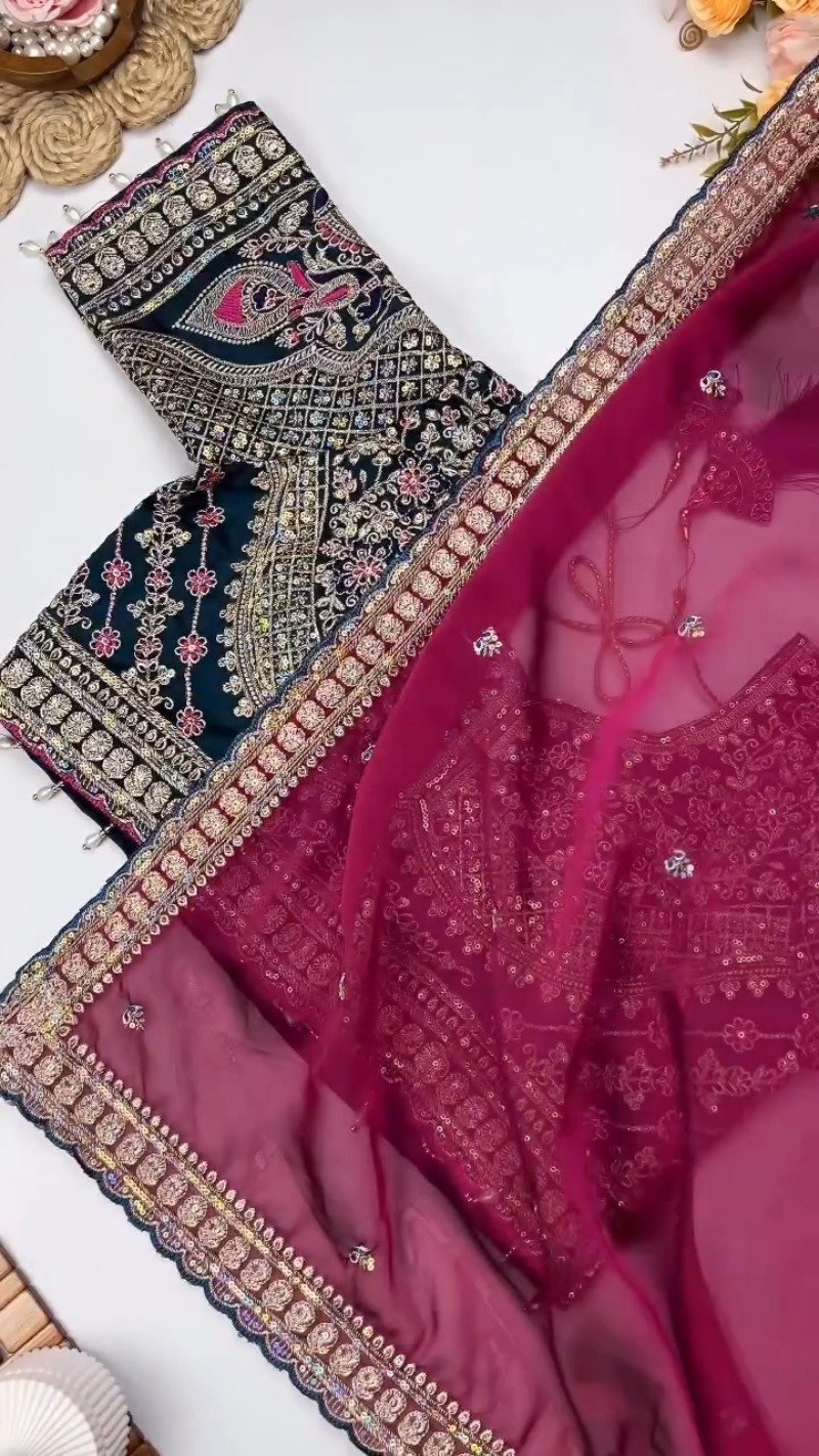 Opulent Velvet & Organza Embroidered Saree Set β Available in Majestic Plum & Royal Burgundy - Image 7