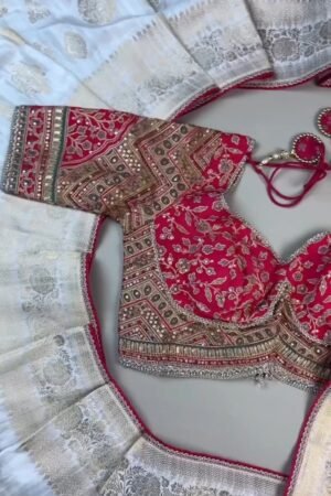 Opulent Ivory & Crimson Handloom Silk Saree Set with Embellished Blouse – Available in Ivory & Crimson